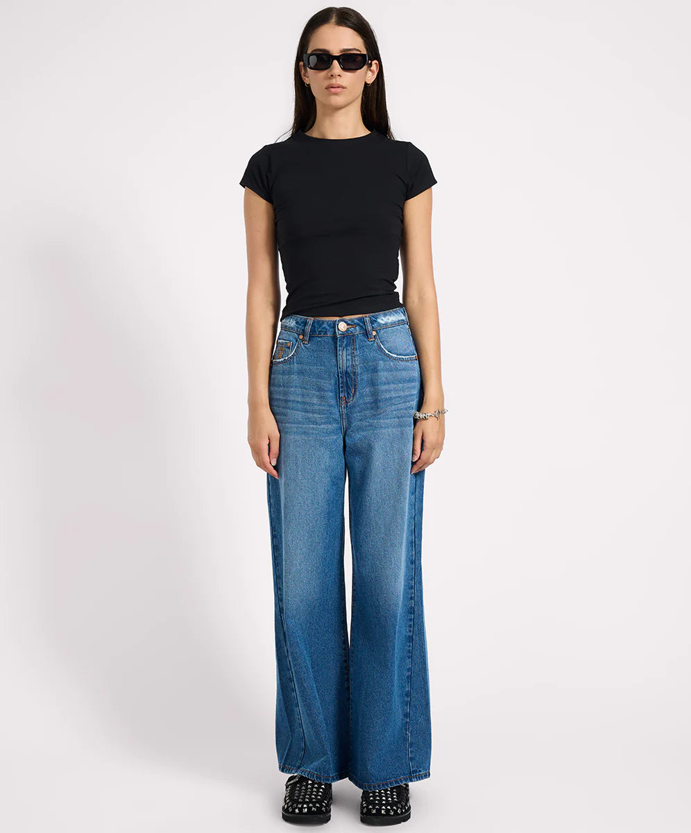 Love Machines Mid Waist Super Wide Leg Denim Jeans- Pacifica