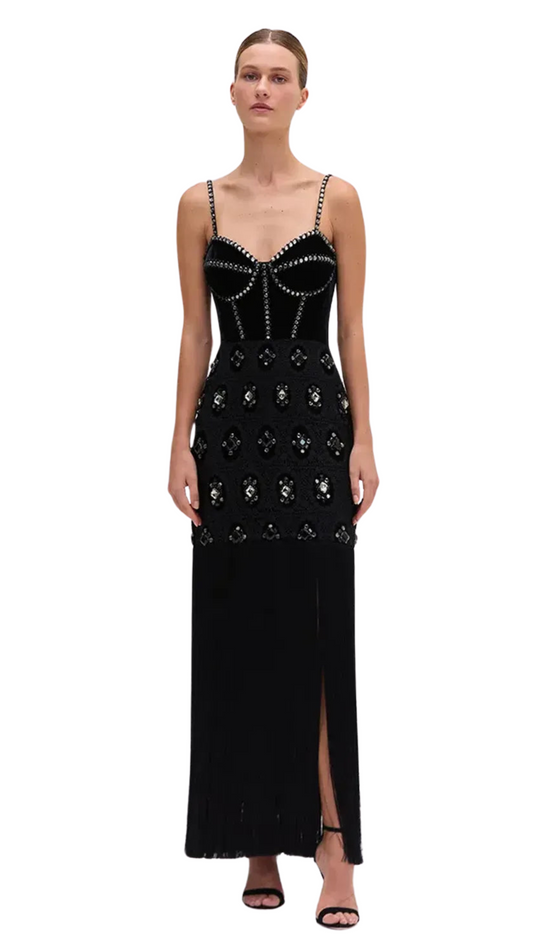 BEADED VELVET LACE MAXI DRESS