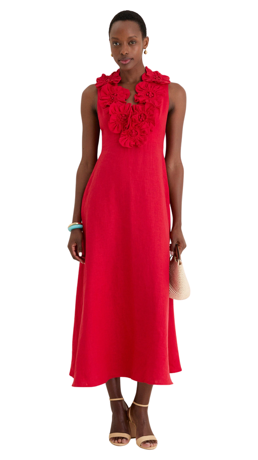 Red 3d Flower Maxi Dress