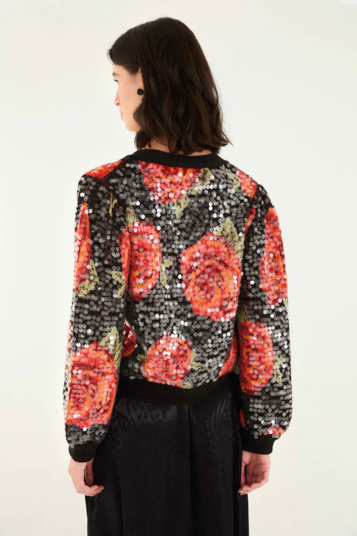 Black Latin Roses Buttoned Sequined Knit Cardigan