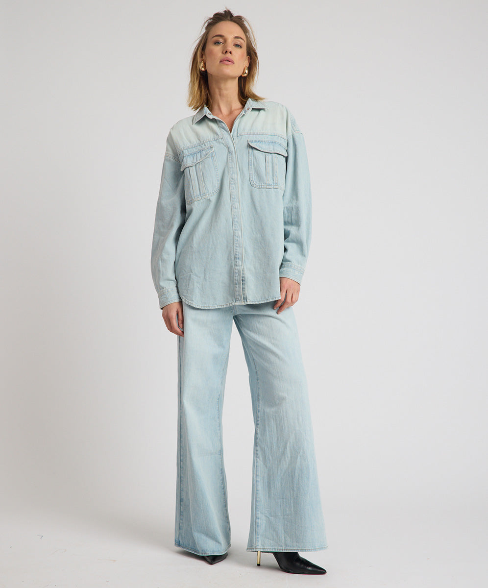 Love Machines Heart Mid Waist Super Wide Leg Denim - Sea Mist Love