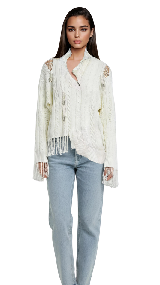 Maniac Manner Distressed Zip Sweater- Off White