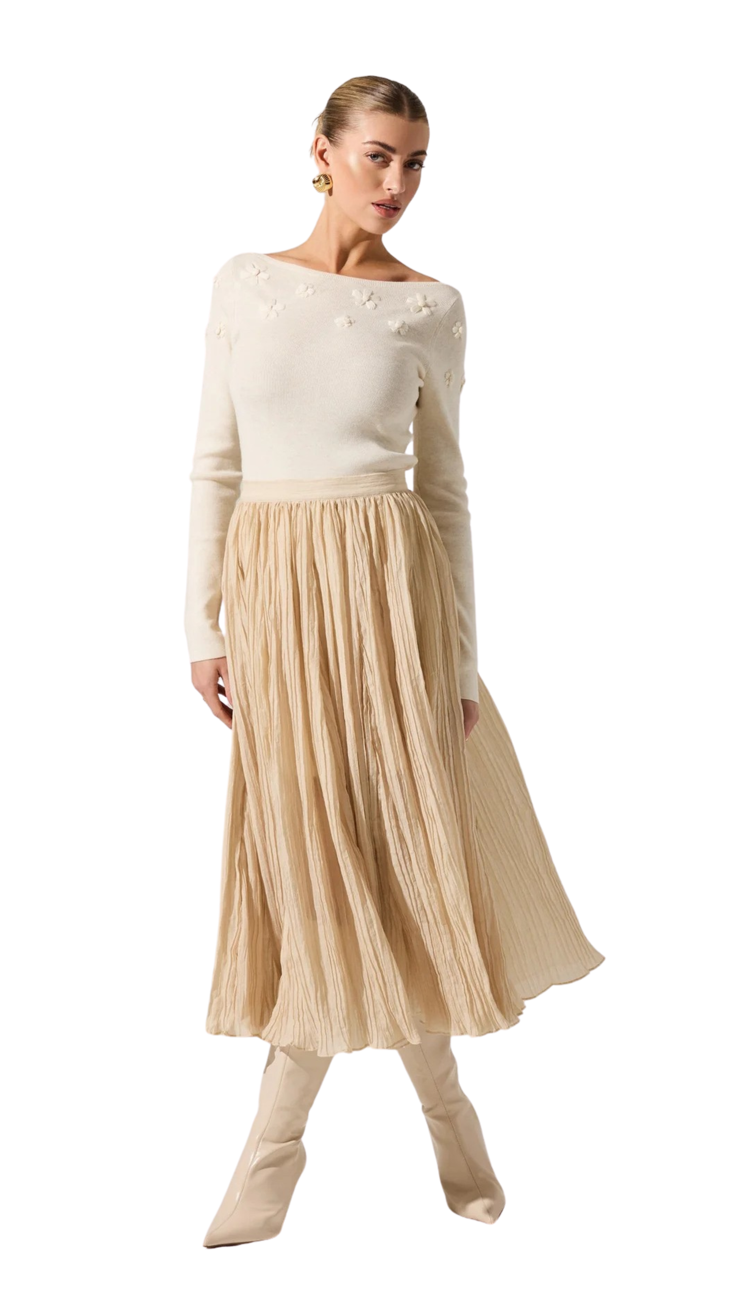 Salome Pleated Flare Midi Skirt- CREAM
