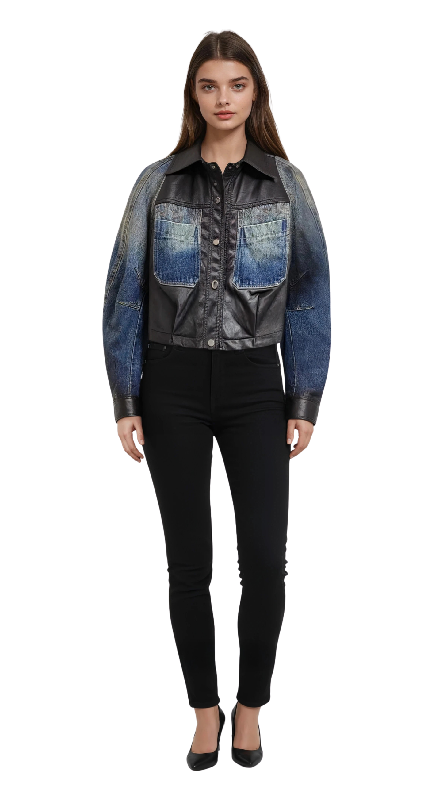 Hybrid Denim & Faux Leather Cropped Jacket