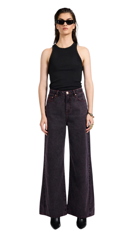 Love Machines Mid Waist Super Wide Leg Denim Jeans- Black Pink