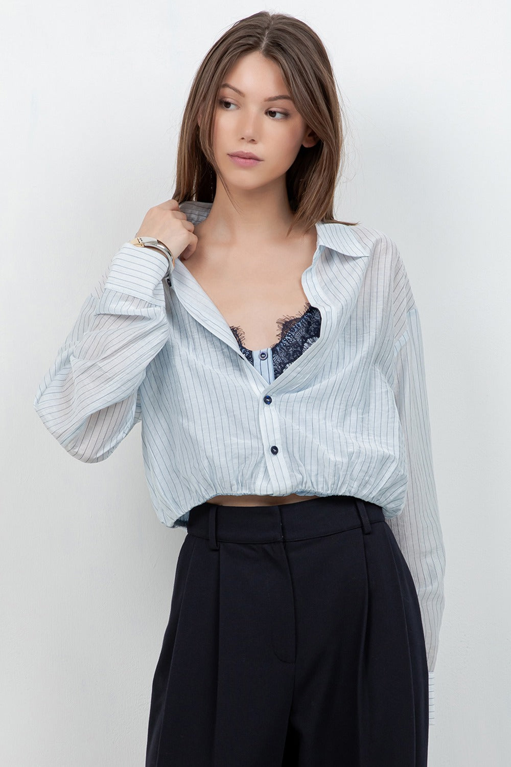 Pinstripe Shirt with Attached Lace Cami- Blue