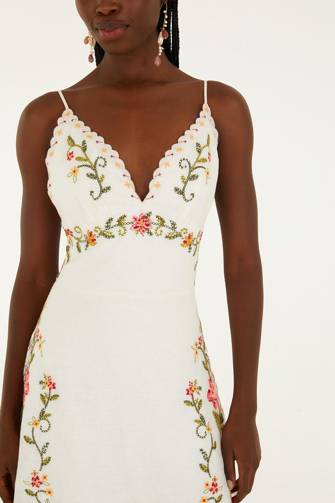 Off-White Flower Embroidery Asymetric Hem Midi Dress