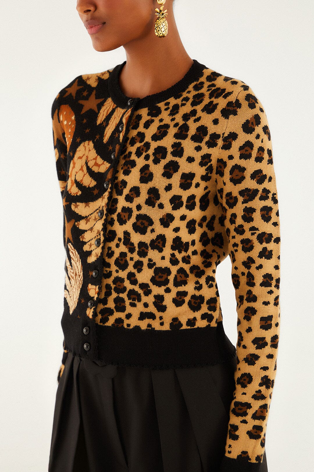 Mixed Banana Leopard Buttoned Cardigan