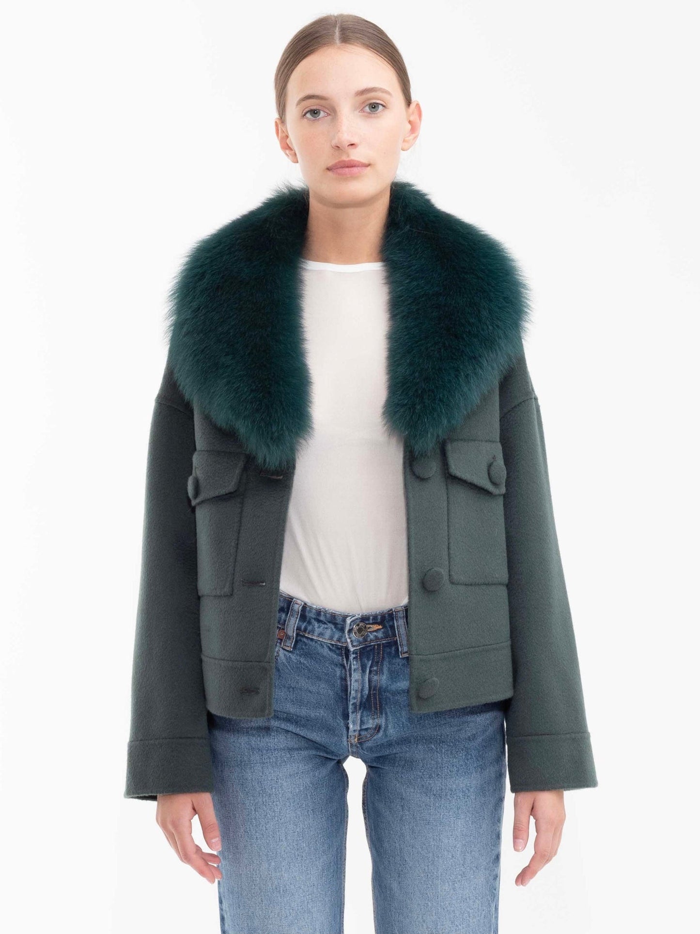 Regent Cashmere Jacket Fox Collar-Emerald