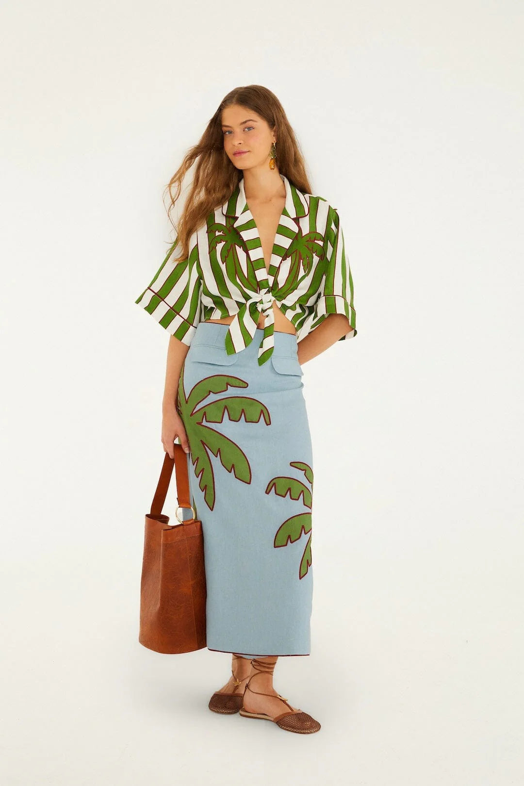 Blue and Green Embroidered Palm Tree Skirt Set