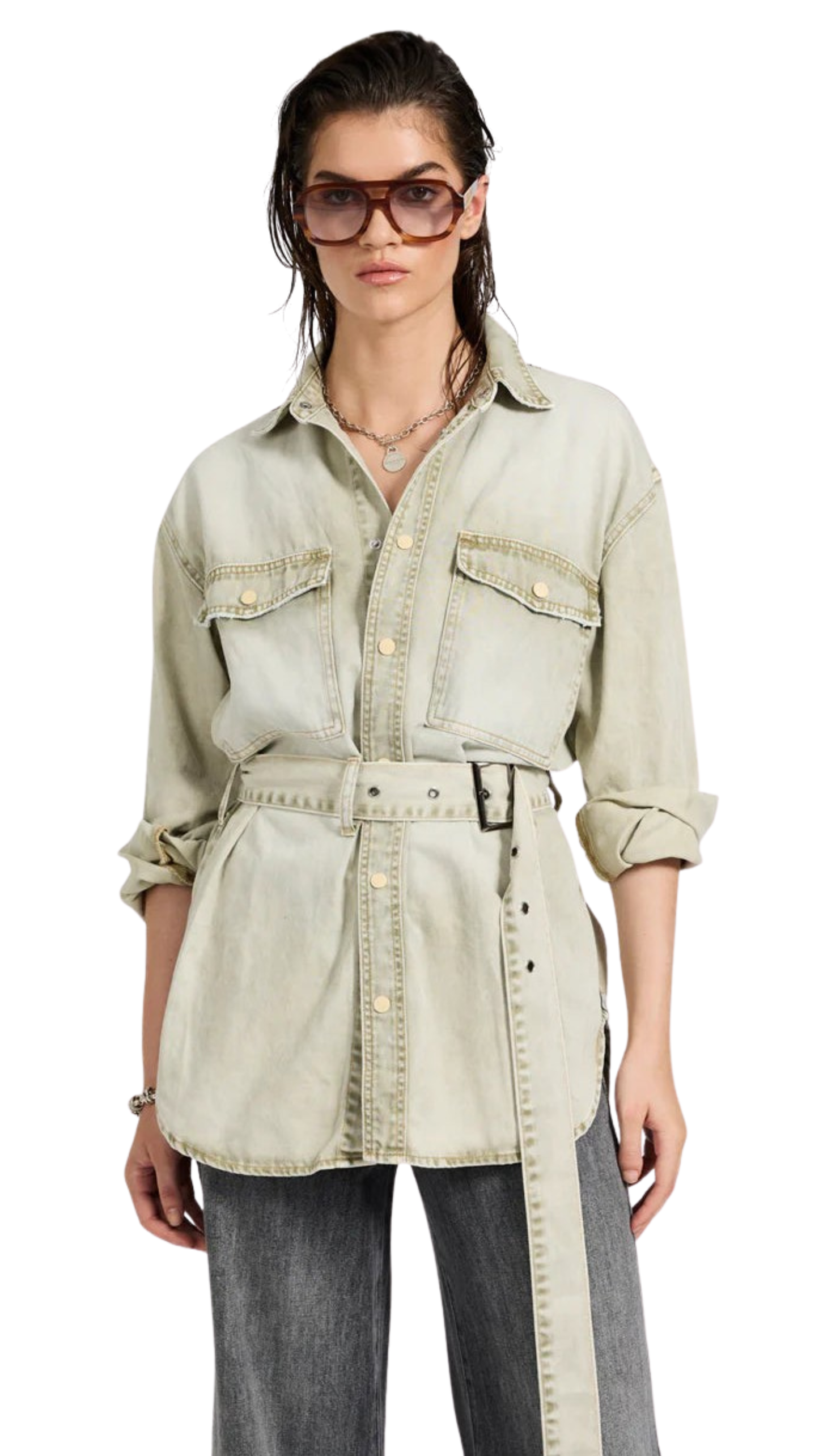 Belted Longline Denim Shirt - Antique Khaki