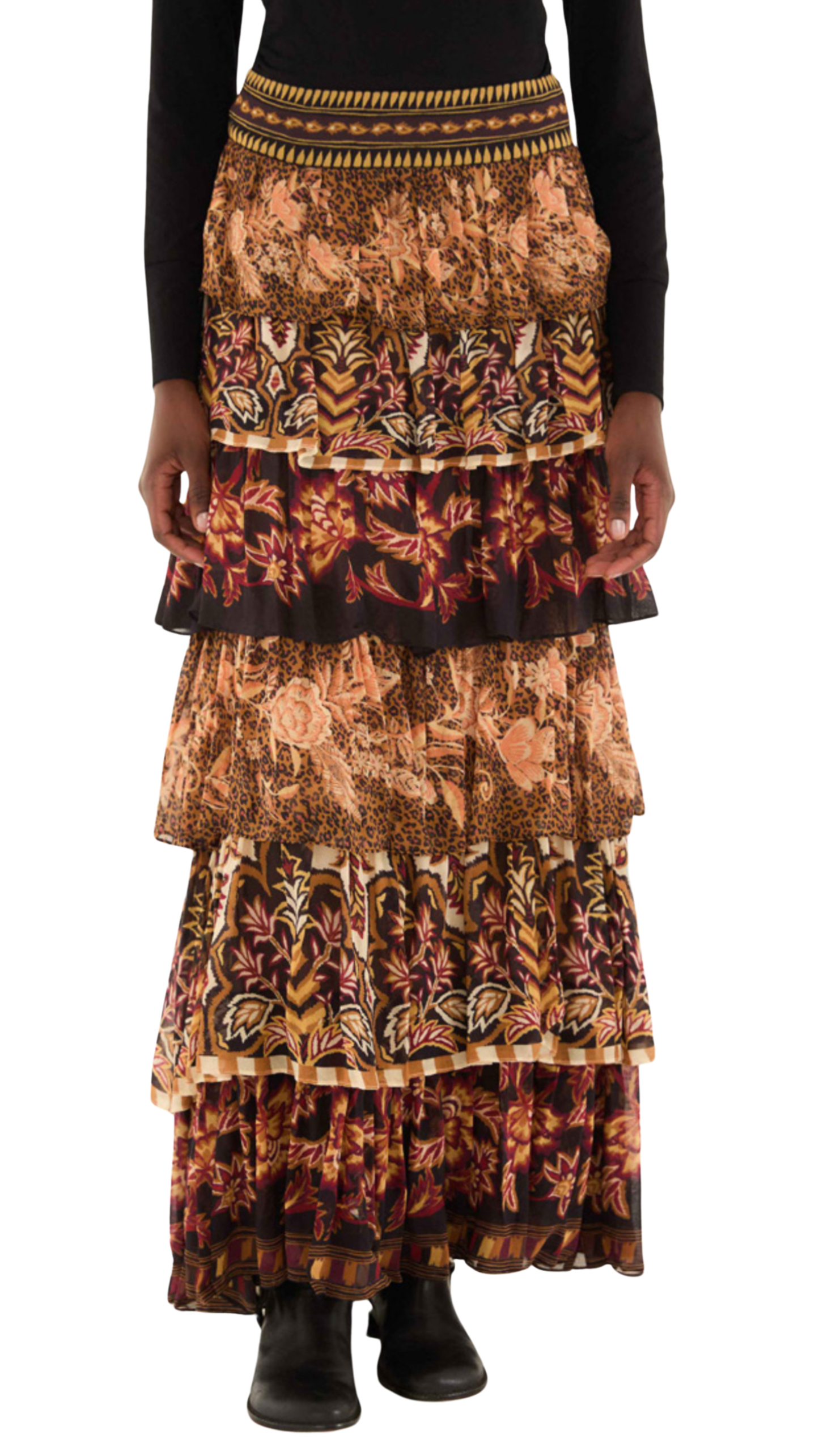 Mixed Scarves Ruffled Maxi Skirt