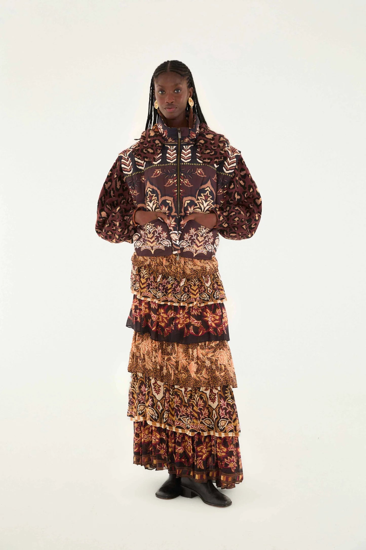 Mixed Scarves Ruffled Maxi Skirt