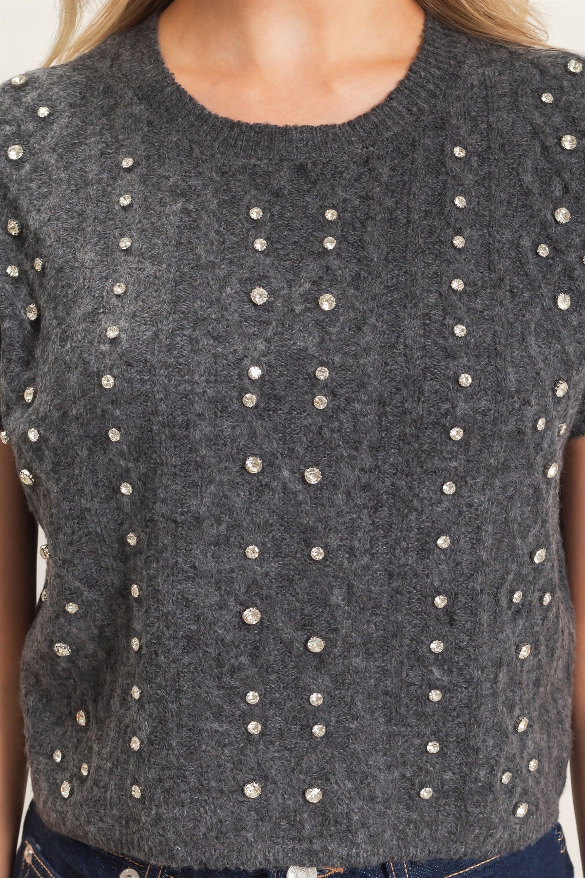 Crystal Knit Short Sleeve Top - Charcoal