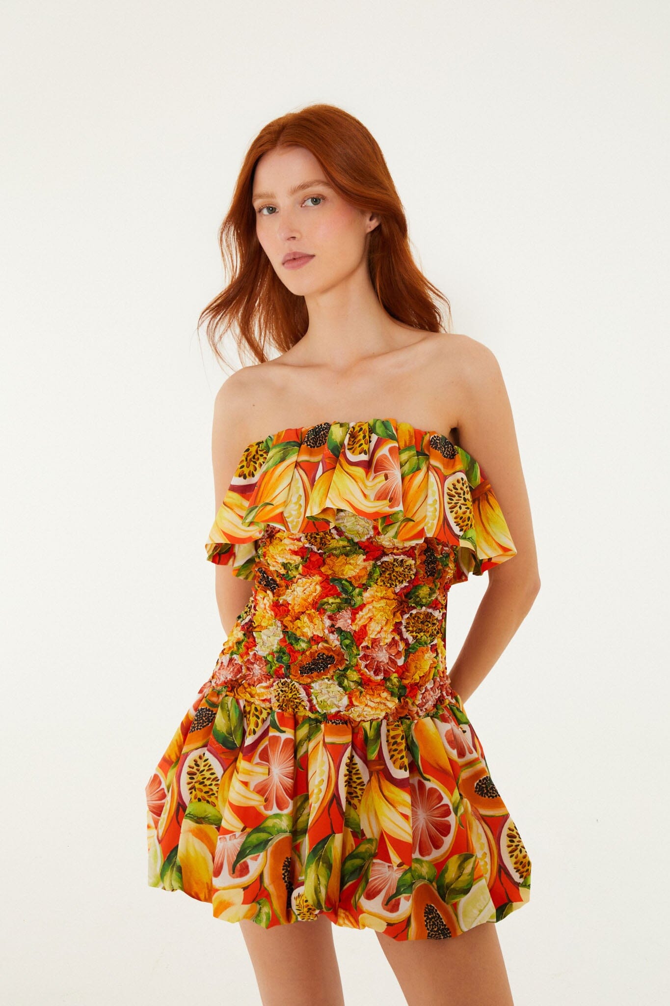 Multicolor Fruit Garden Red Smocked Balloon Mini Dress