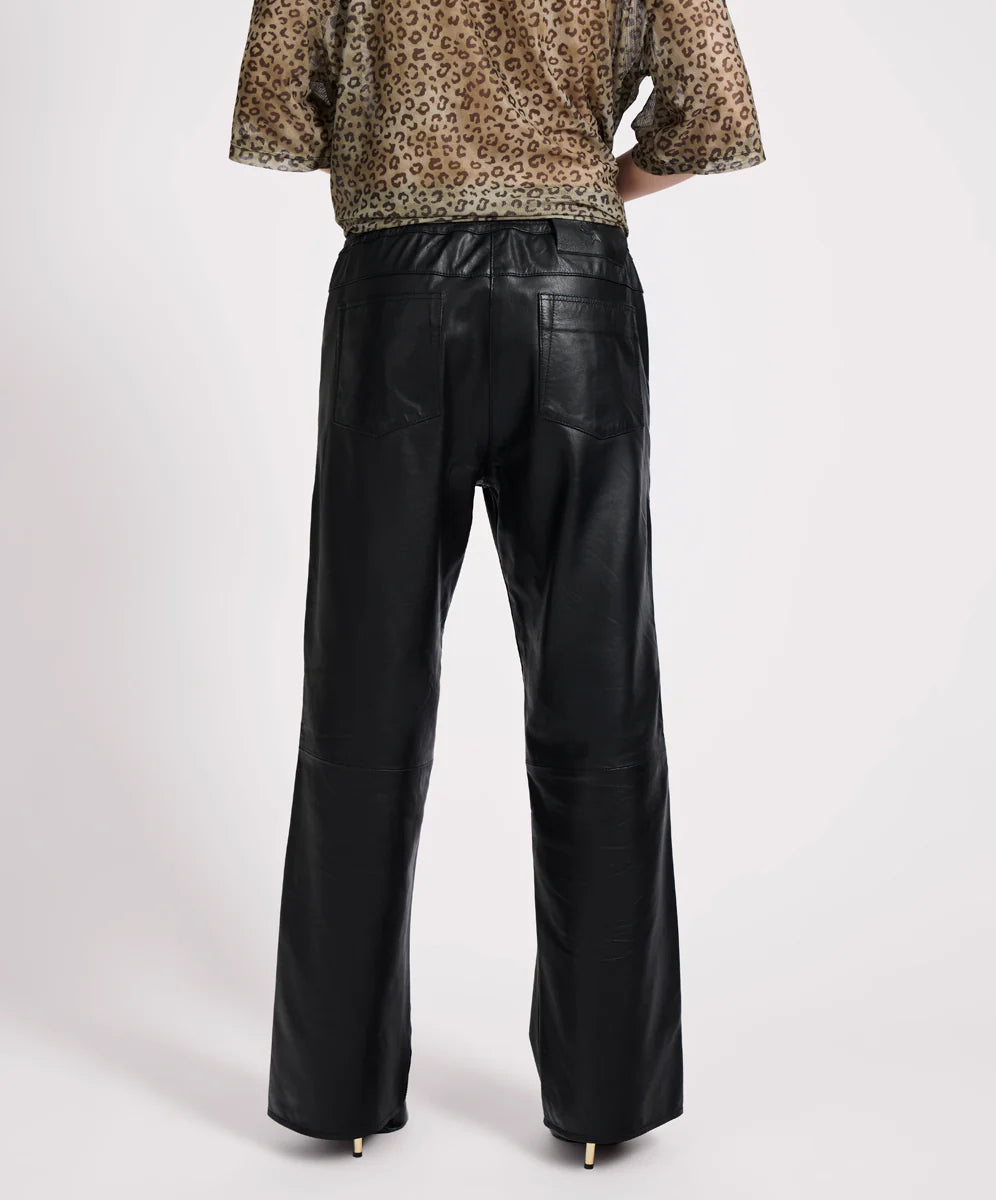 Roadhouse Mid Waist Wide Leg Drawstring Leather Pants - Black