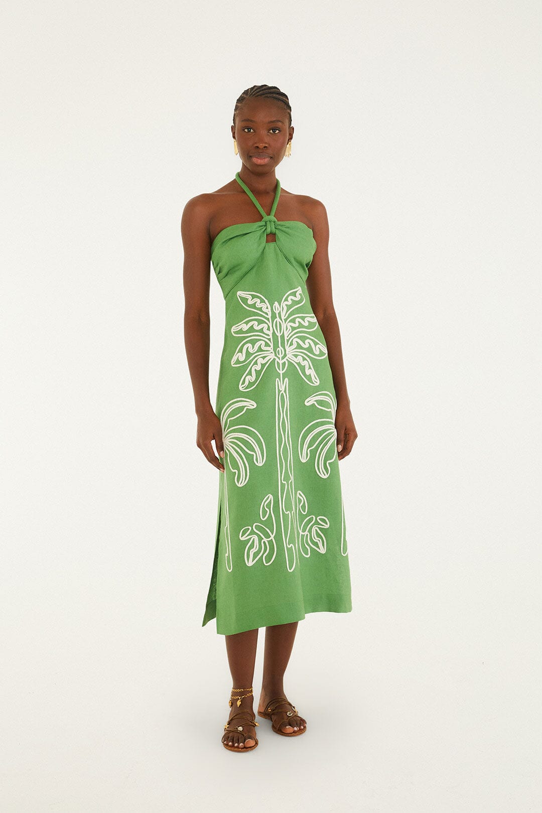 Green Palm Tree Embroidered Halter Neck Midi Dress