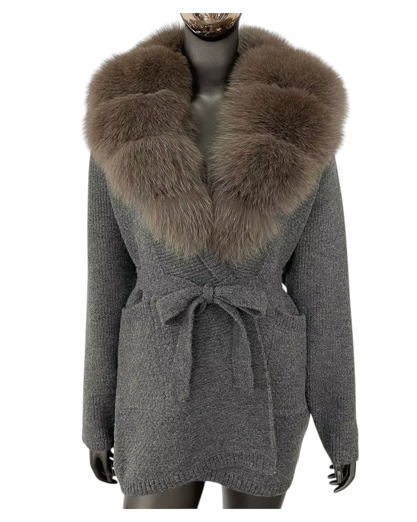 The Luxe Fox Fur Knit Cardigan-Grey