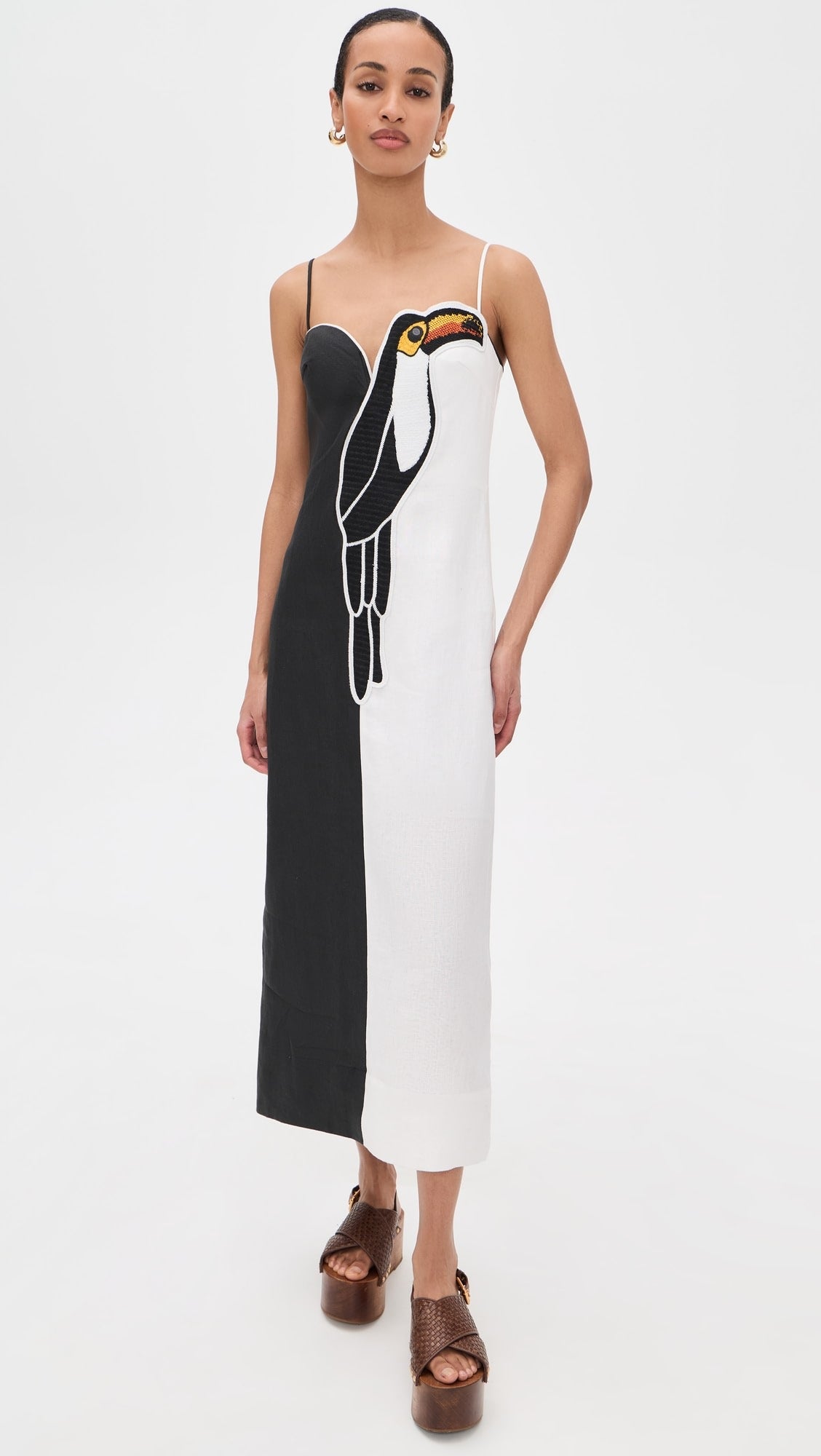 Black And White Embroidered Toucan Maxi Dress