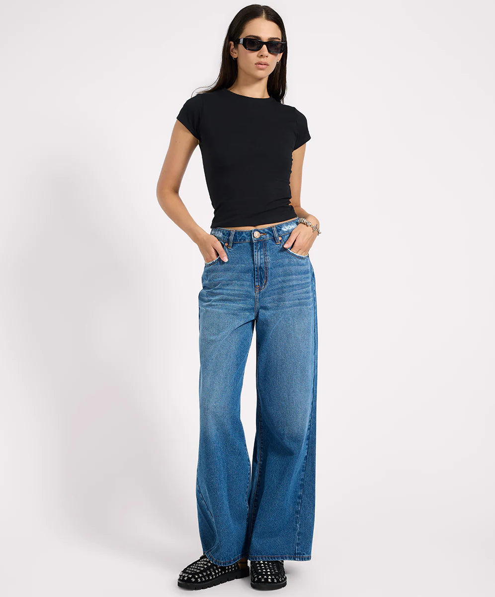 Love Machines Mid Waist Super Wide Leg Denim Jeans- Pacifica