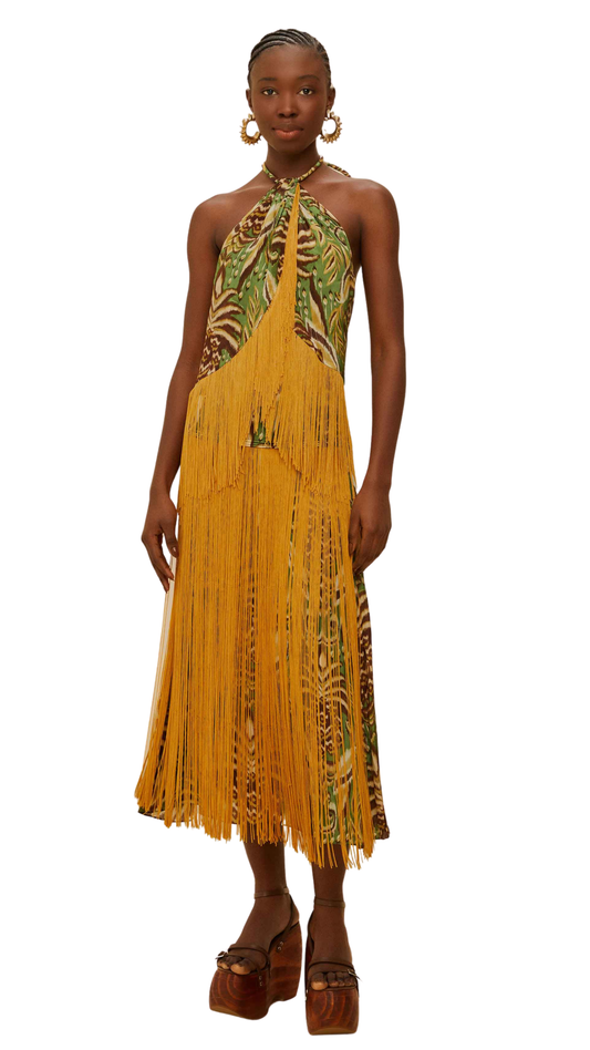 The Pineapple Tapestry Green Fringe Midi Skirt Set