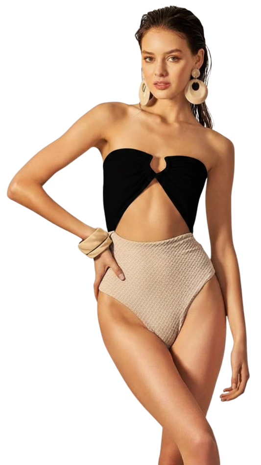 BLACK TEXTURED BODY SCARF SWIMSUIT