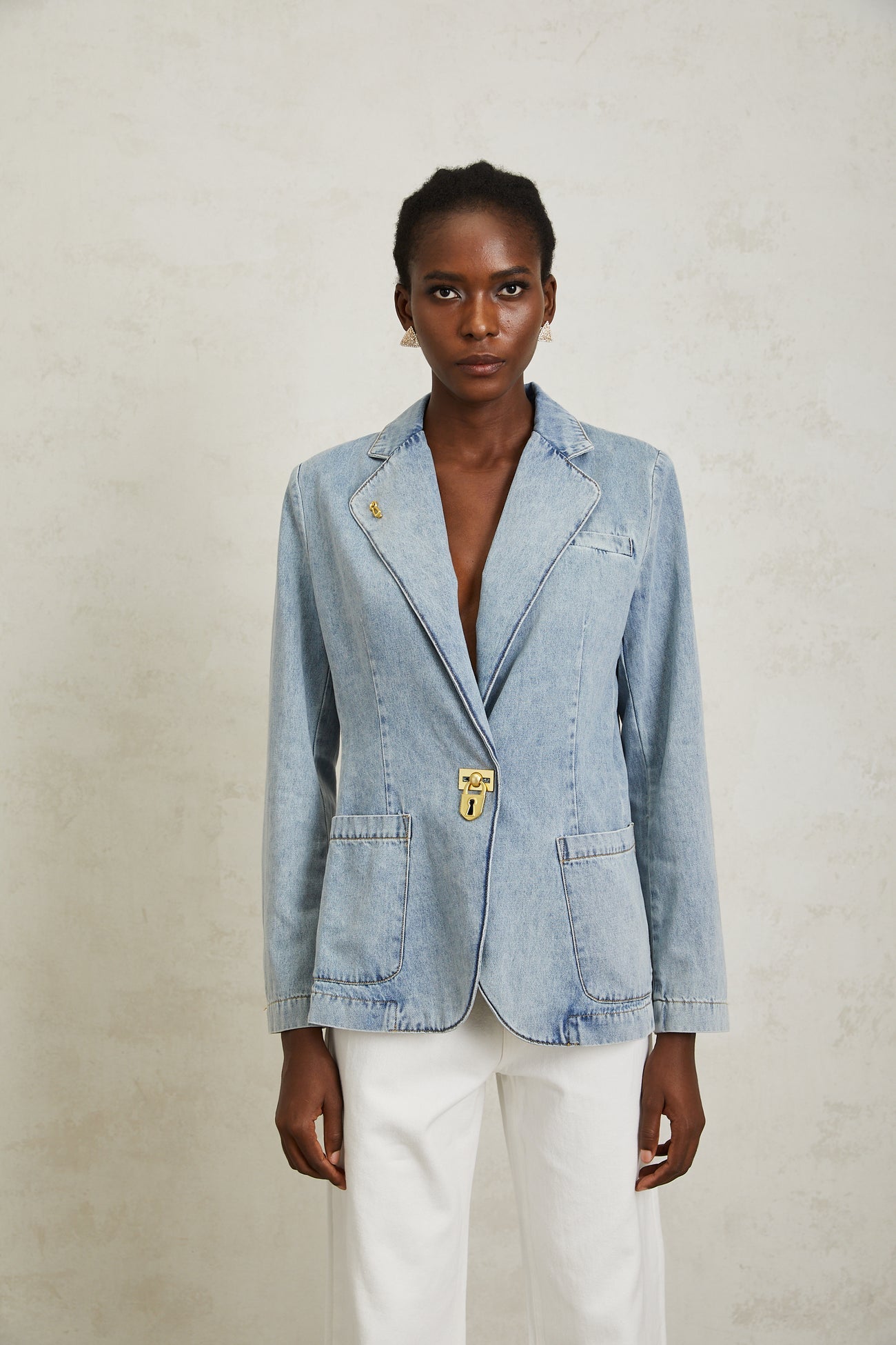 Léonide Blue Lock Detail Denim Blazer