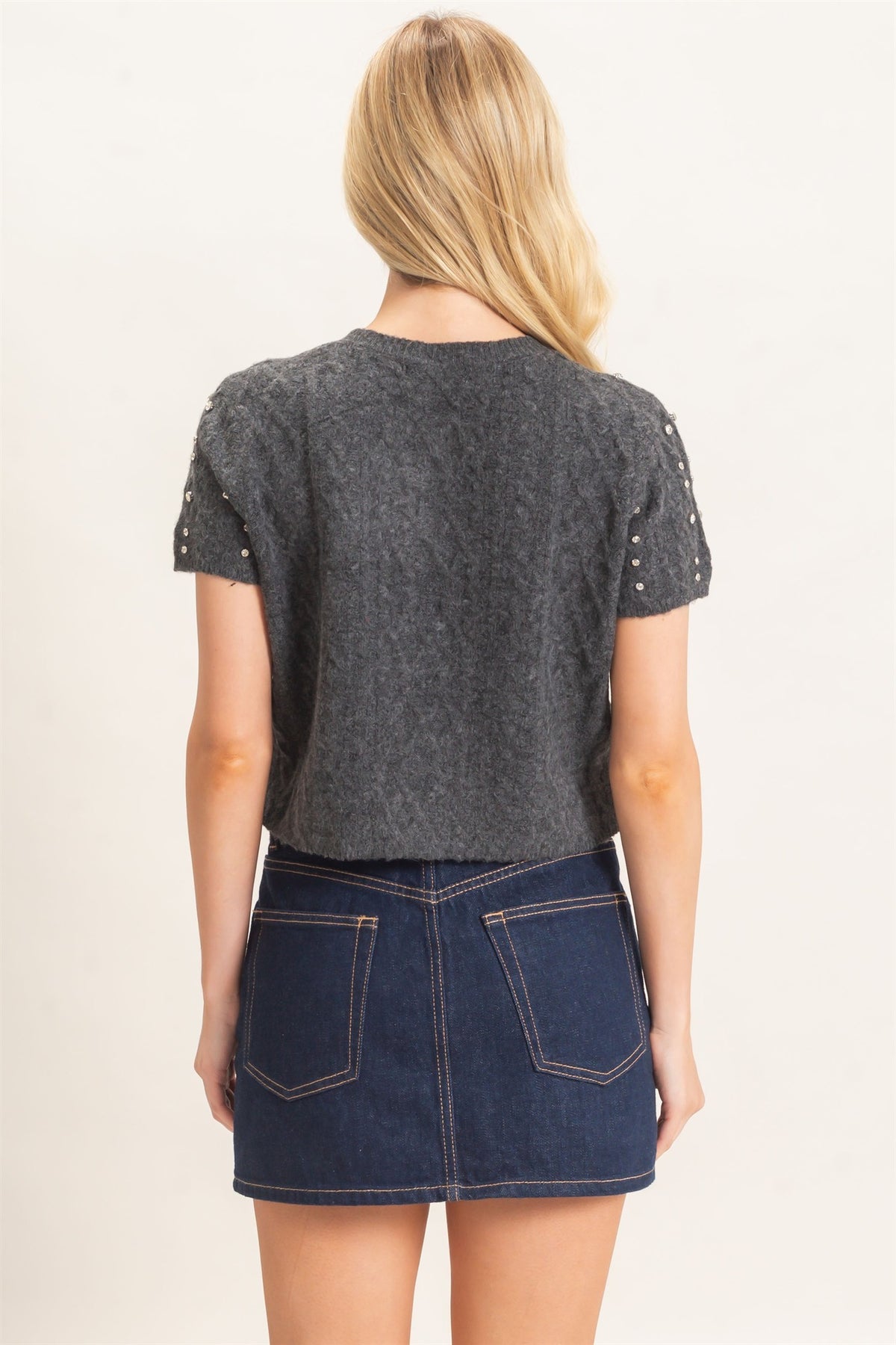 Crystal Knit Short Sleeve Top - Charcoal