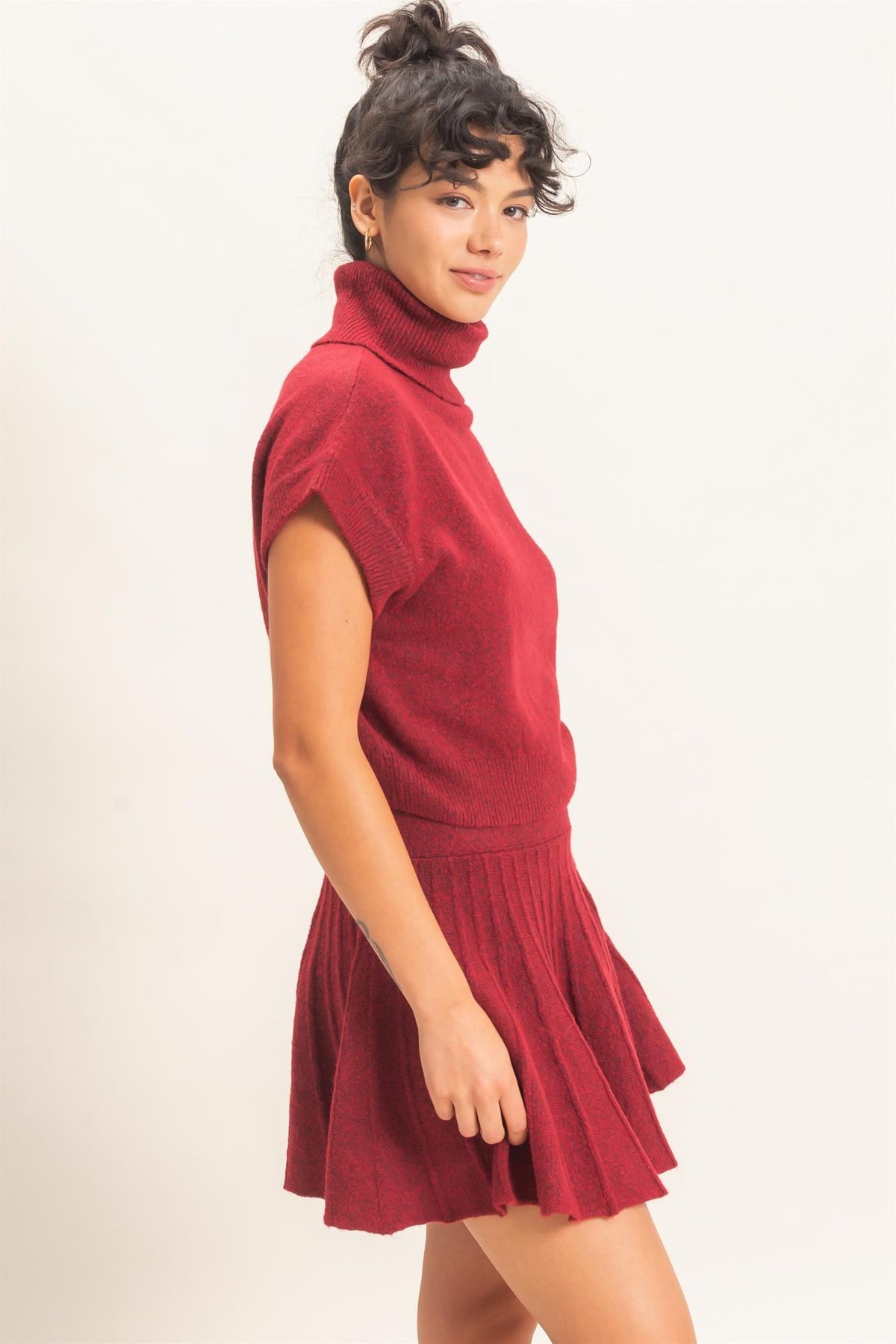 Sofia Turtleneck Knit Skirt Set - Cherry