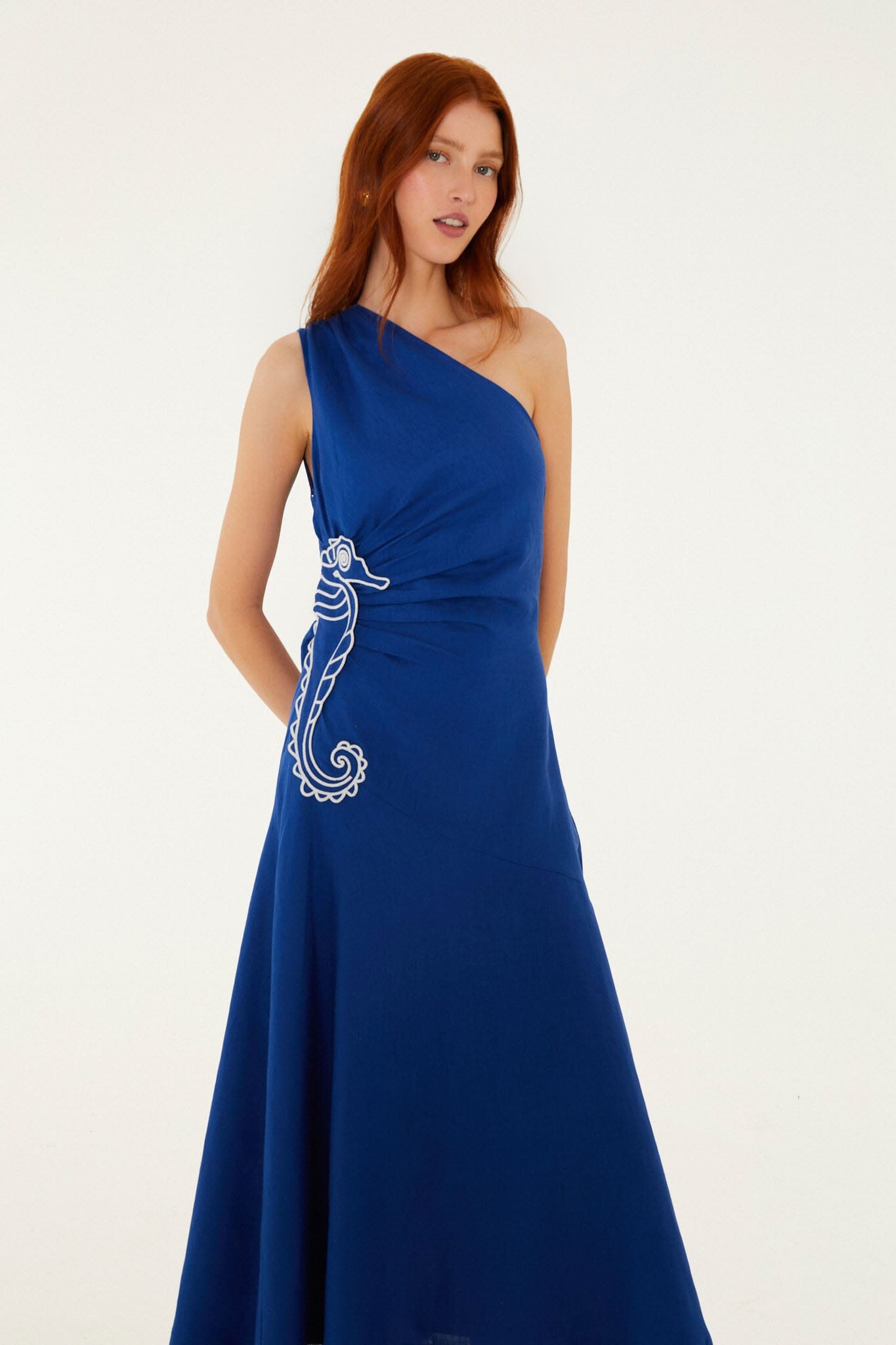 Blue Seahorse Embroidery One-Shoulder Maxi Dress