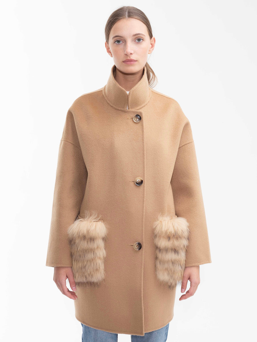 Chelsea Cashmere Coat Raccoon Pockets - Camel