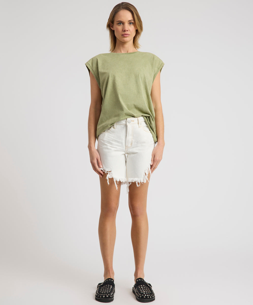 Frankies High Waist Long Length Denim Shorts - White Beauty