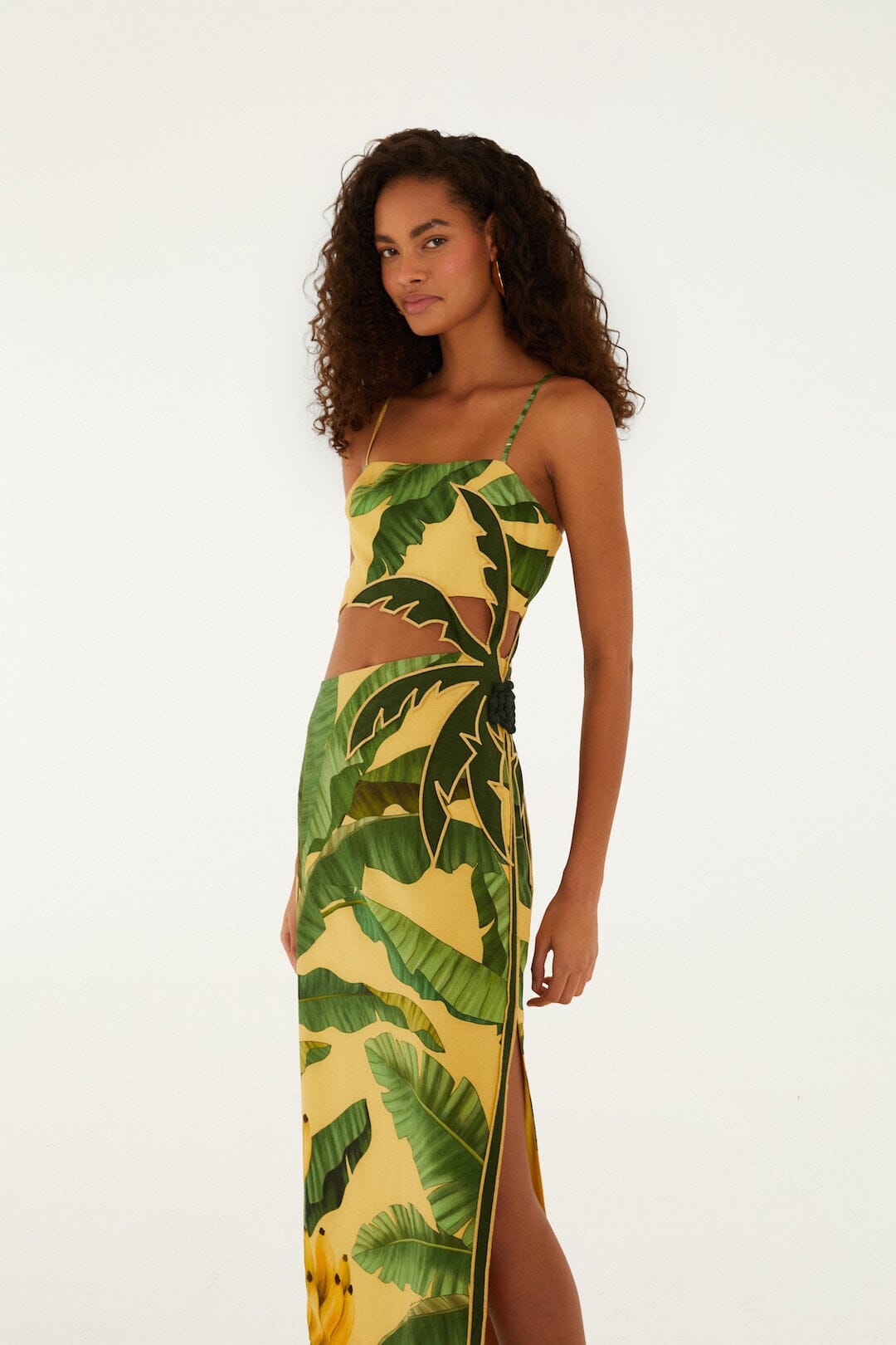 Soft Yellow 3d Banana Leaves Maxi Dress