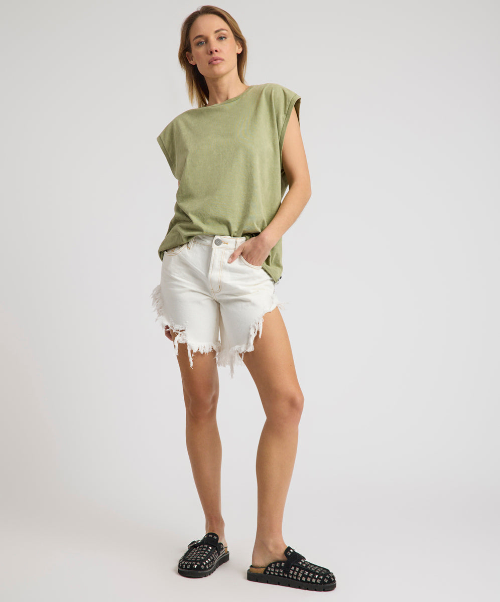 Frankies High Waist Long Length Denim Shorts - White Beauty