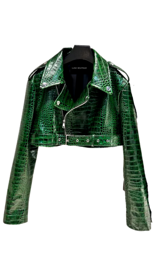 Emerald Croc embossed leather jacket-Green