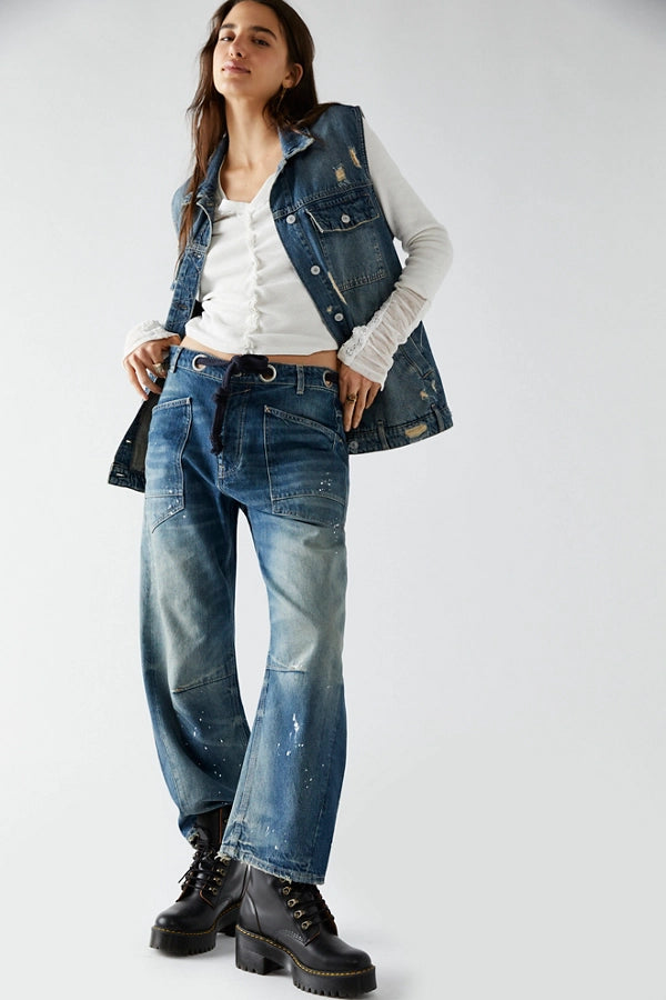 Moxie Low Slung Pull On Barrel Wide Leg-Timless Blue