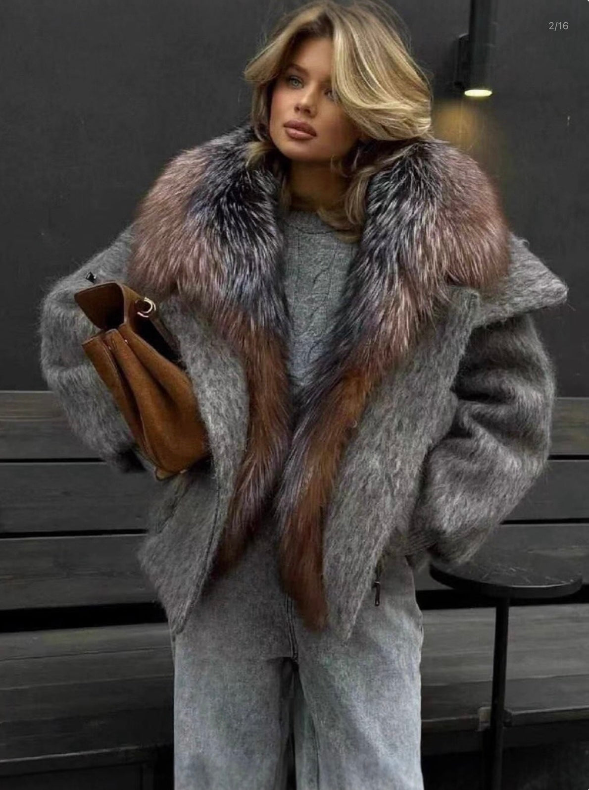 Arctic Silver Fox Fur Collar Jacket
