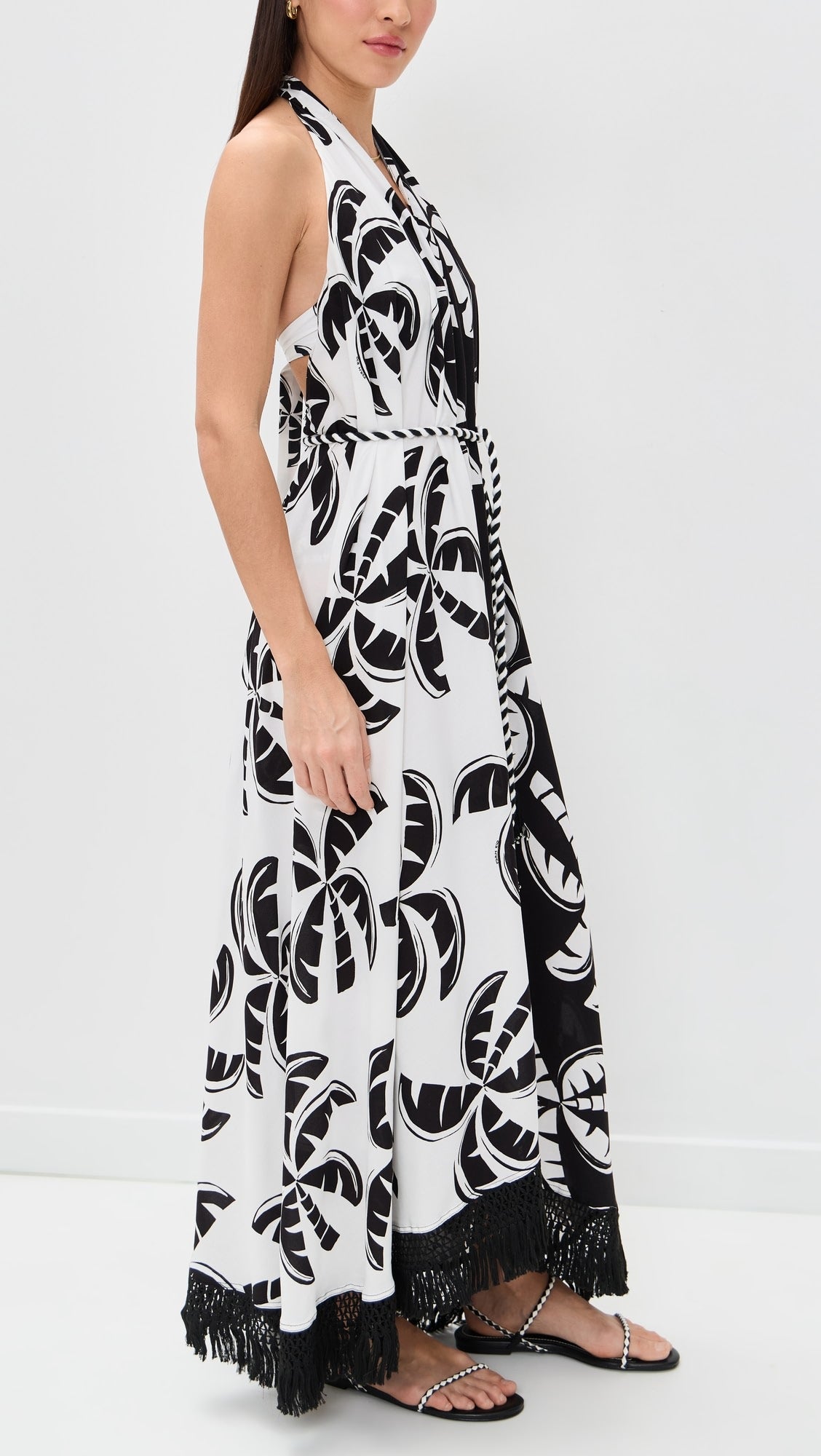 Black And White Graphic Palms Belted Maxi Dress