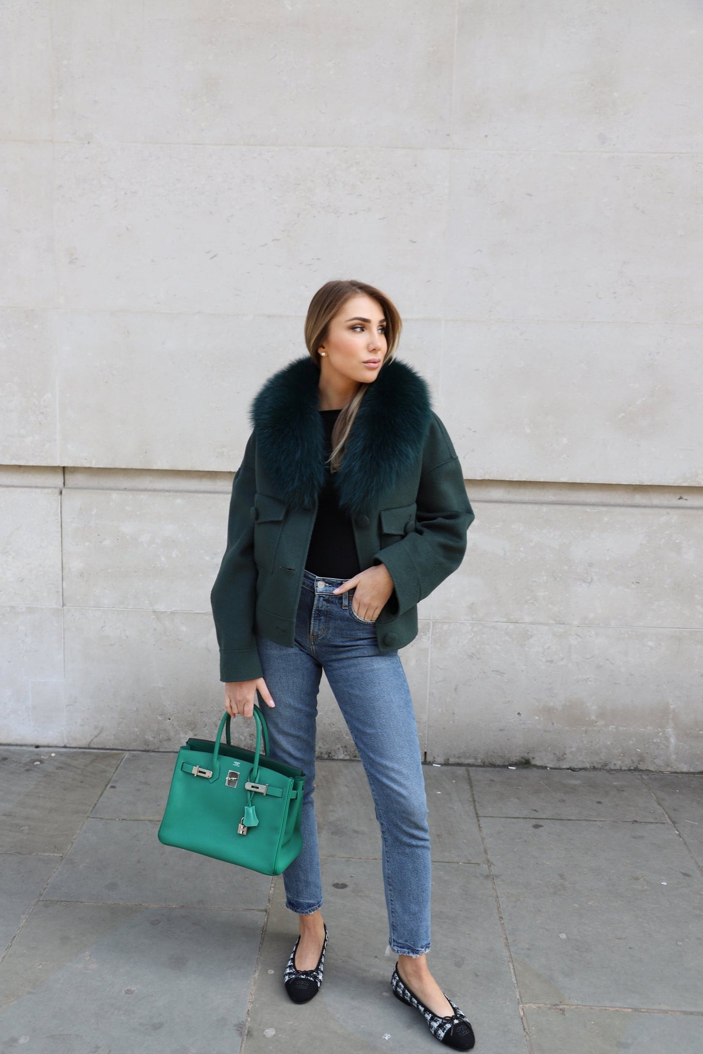 Regent Cashmere Jacket Fox Collar-Emerald