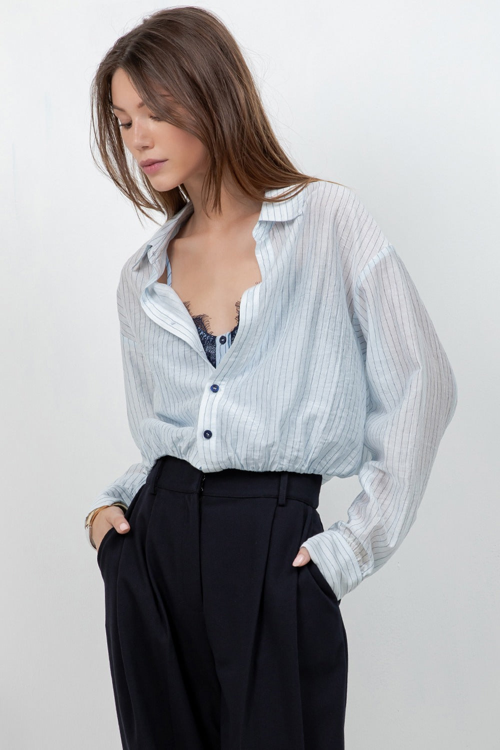 Pinstripe Shirt with Attached Lace Cami- Blue