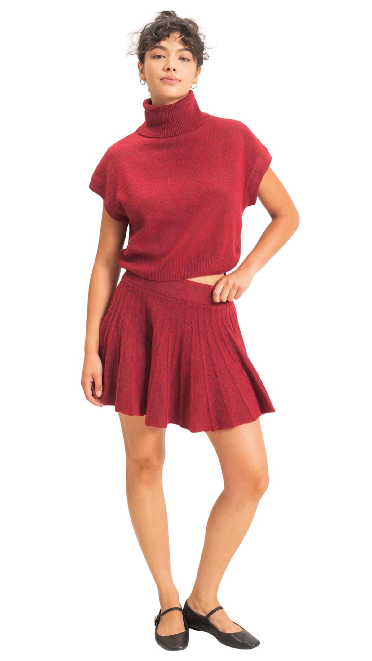 Sofia Turtleneck Knit Skirt Set - Cherry