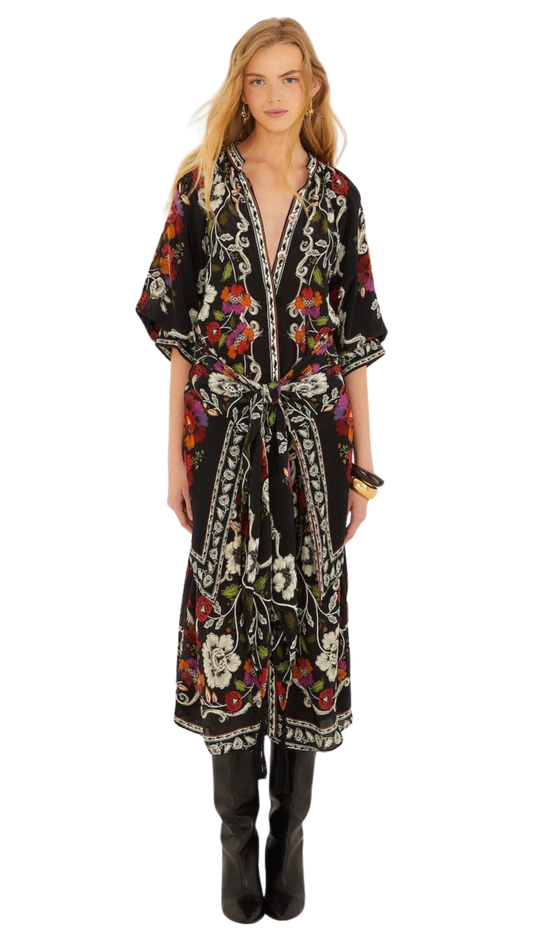Black Rococo Flowers Belted Midi Dress
