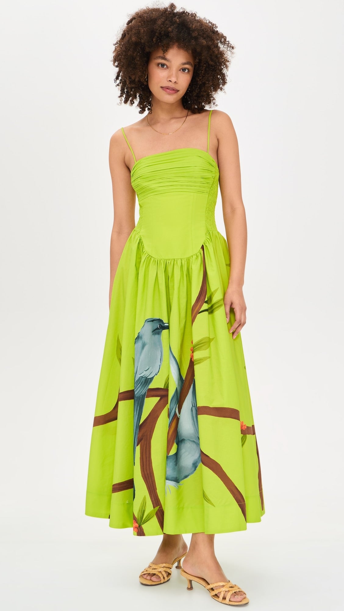 Green Birds Smocked Maxi Dress