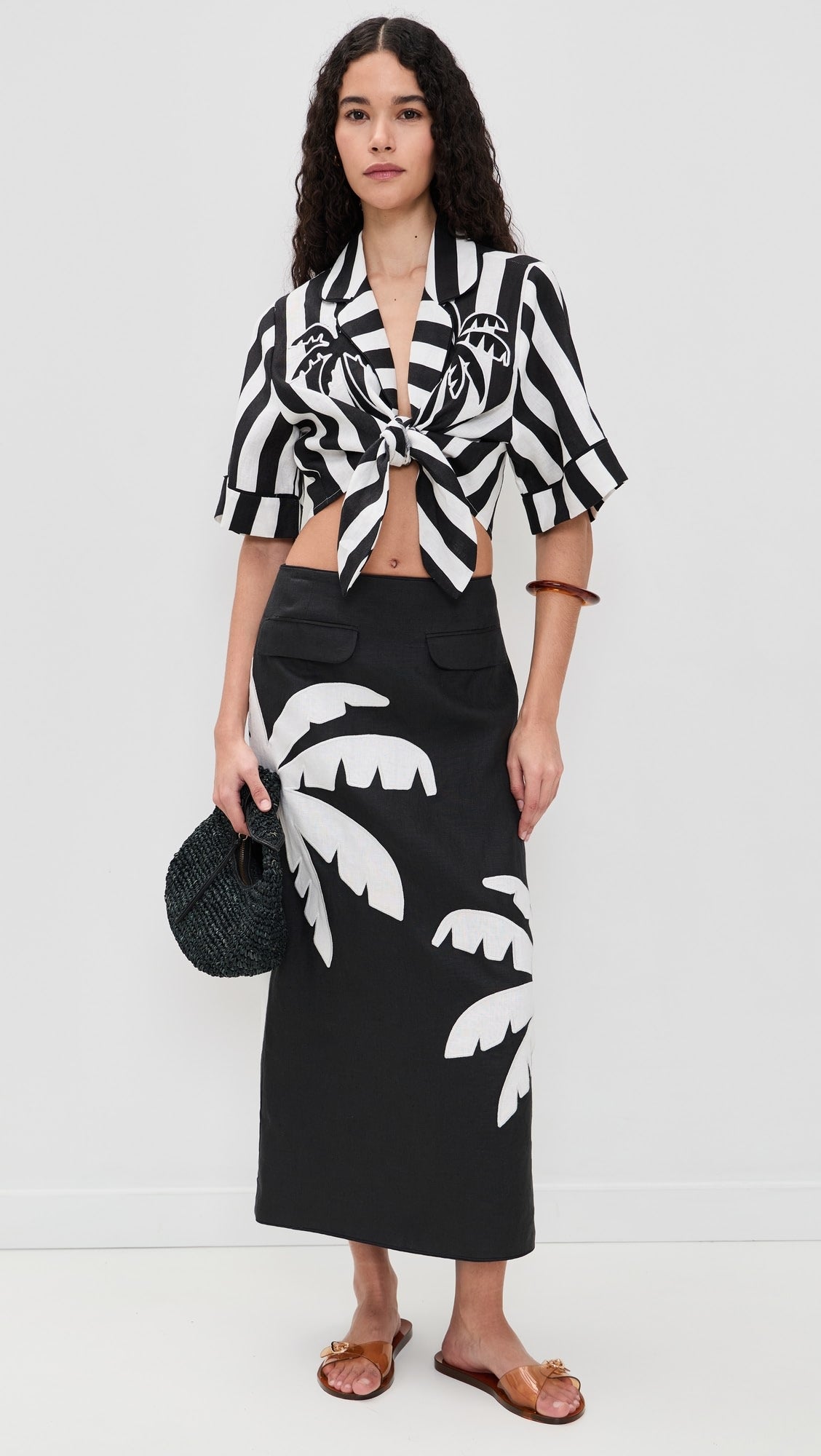 Black Embroidered Palm Tree Skirt Set