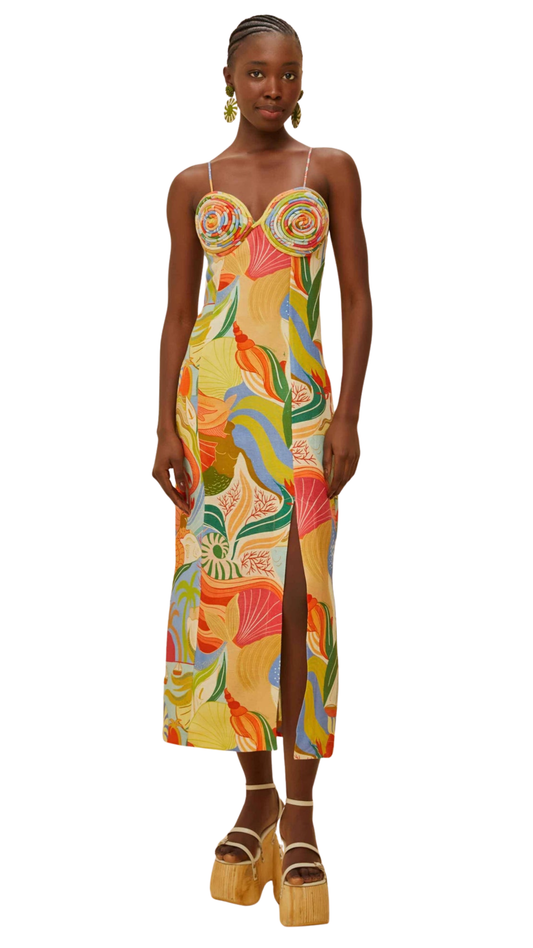 Multicolor Ocean View Twisted Cups Midi Dress