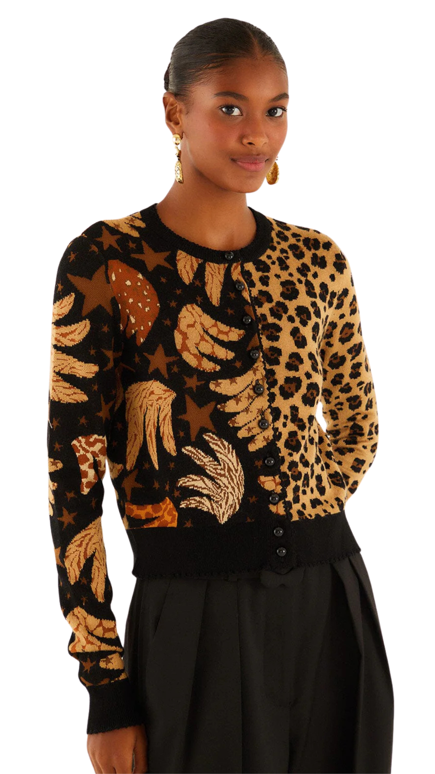 Mixed Banana Leopard Buttoned Cardigan