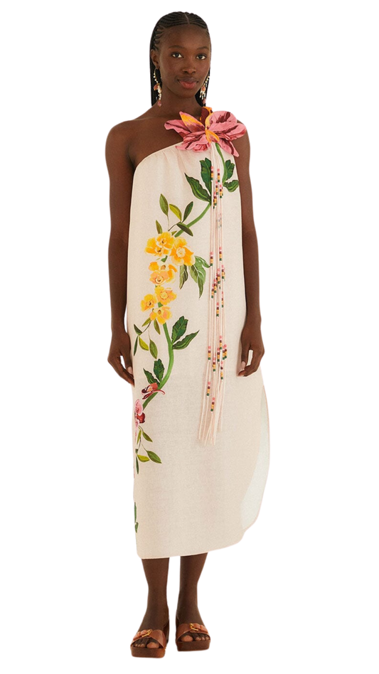 Pink Garden Terrace 3d One-Shoulder Maxi Dress