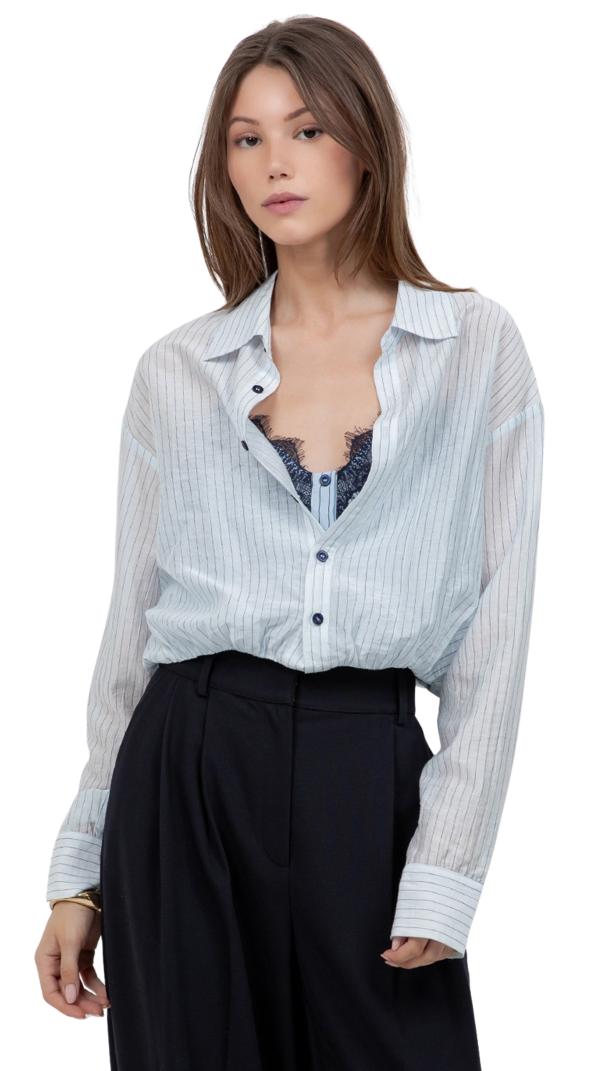 Pinstripe Shirt with Attached Lace Cami- Blue