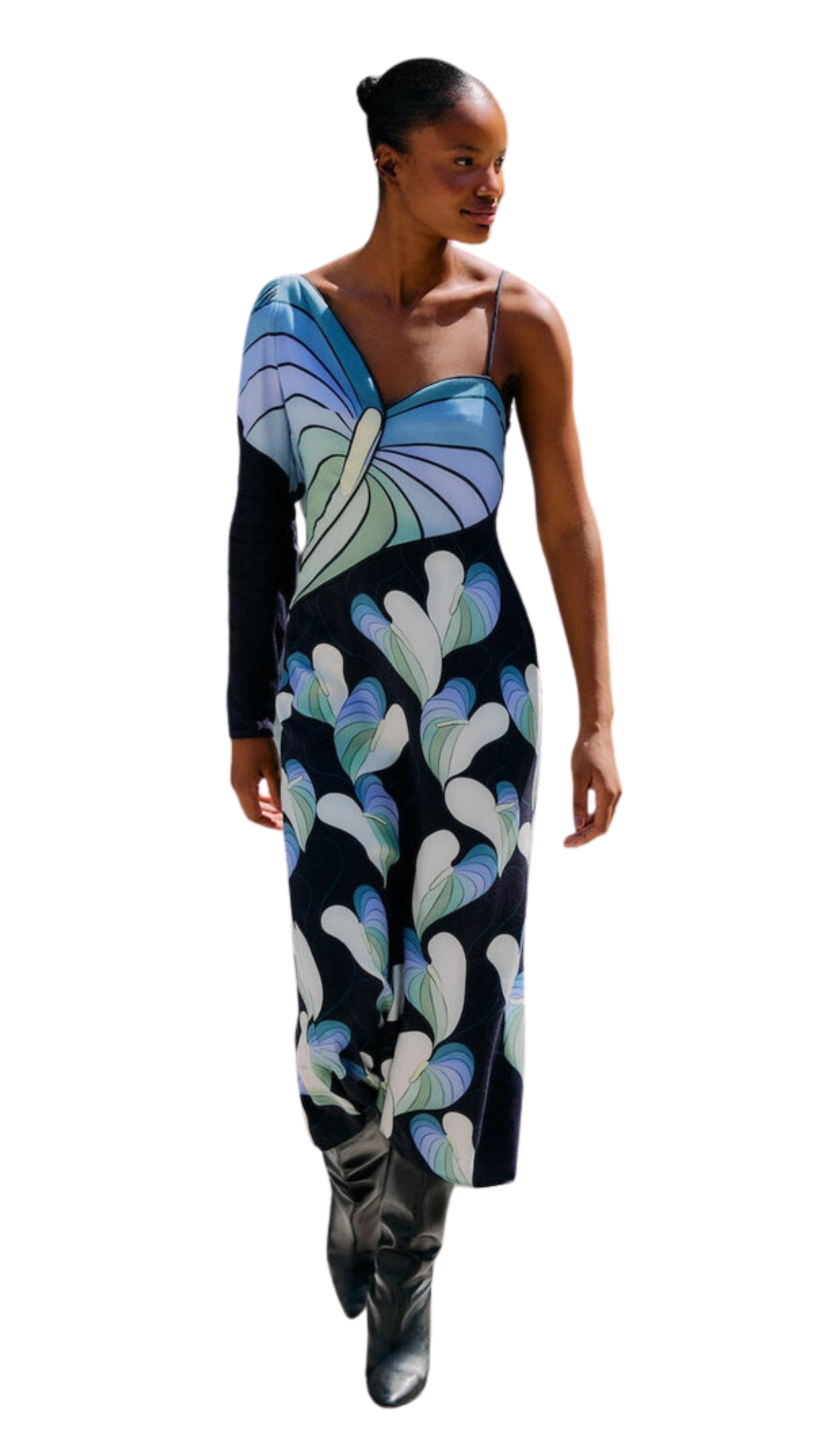 Black Lovely Anthurium One-shoulder Maxi Dress