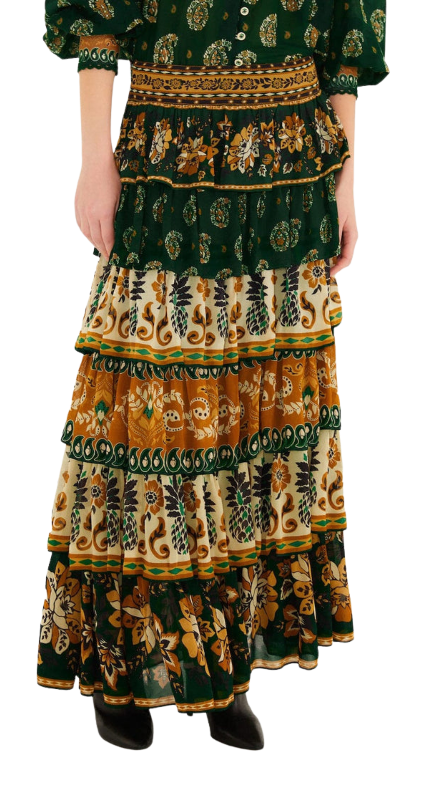 Green Ayla Mixed Scarves Layered Maxi Skirt